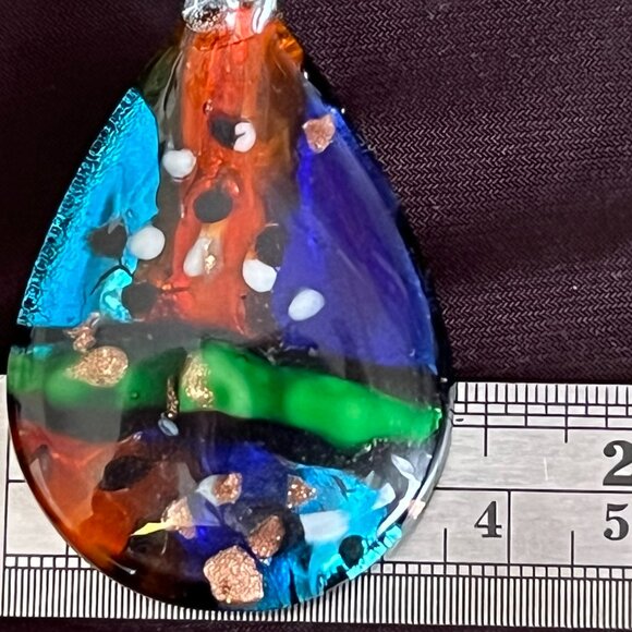 3D Graphic Blue Red & Green Dichroic Glass Pendant • Sterling Italian Chain - Picture 5 of 12